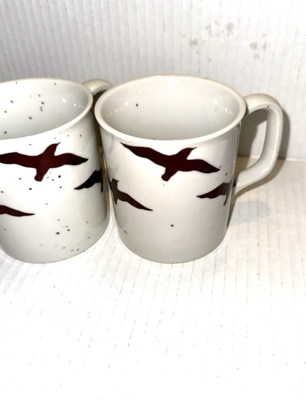 New Asahi White Ceramic Mug with Brown Seagull Design set of 2